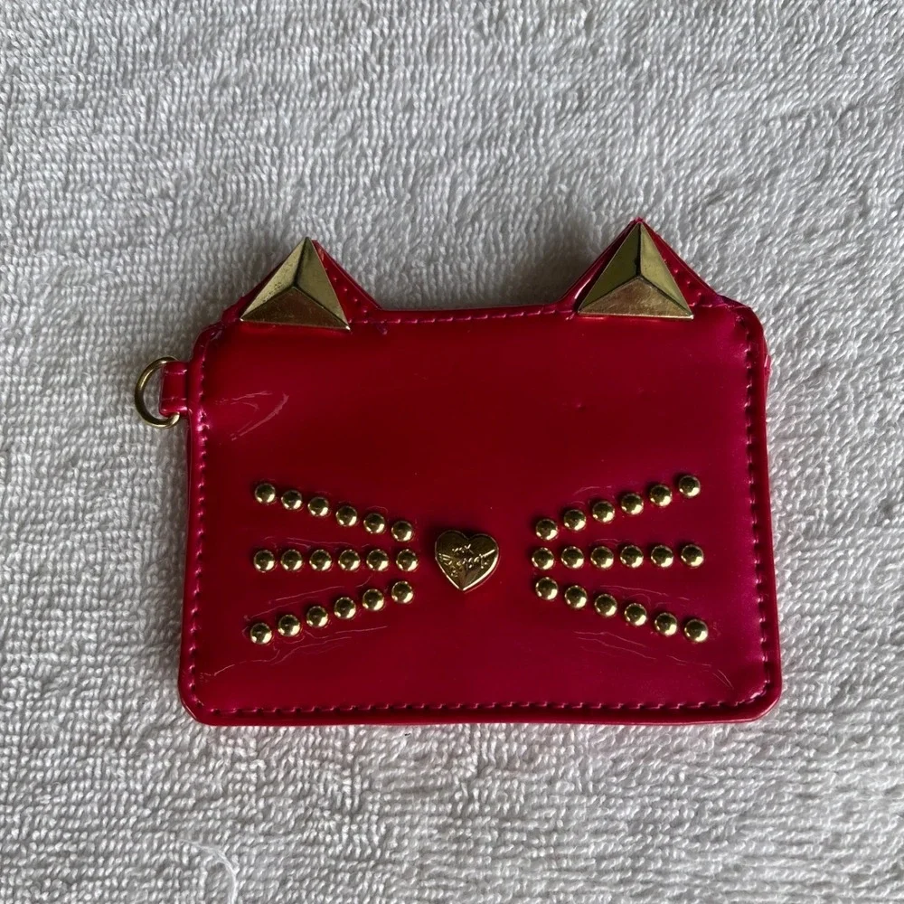 Betsey Johnson Cat Card Holder Hot Pink Studded Faux Patent Leather Y2K Wallet